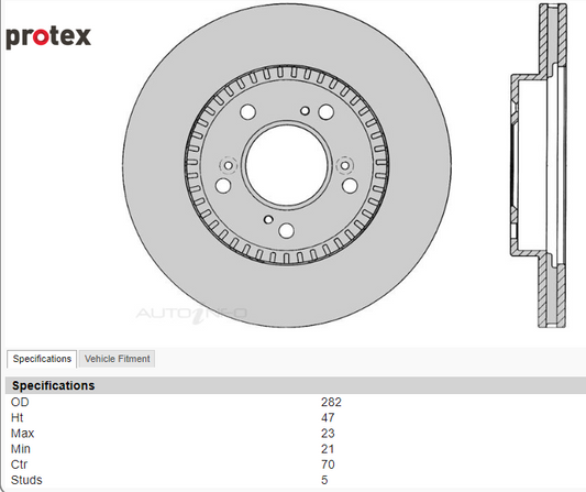 PROTEX DC2 282MM 5 stud Ultra Coated Front Rotors - Sold As PAIR